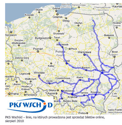 PKS Wschód - linie na których prowadzona jest spzedaż biletów online, sierpień 2010