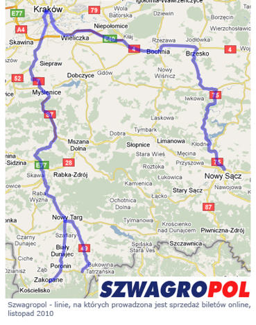 Szwagropol - linie na których prowadzona jest spzedaż biletów online, listopad 2010
