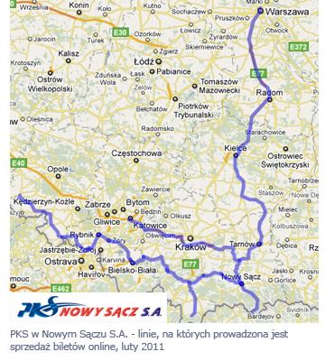 PKS w Nowym Sączu - linie, na których prowadzona jest sprzedaż biletów online, luty 2011