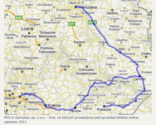 PKS w Zamościu sp. z o.o. - linie, na których prowadzona jest sprzedaż biletów online, czerwiec 2011