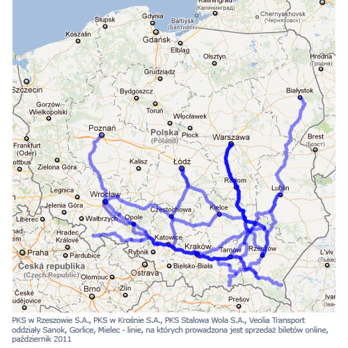 PKS w Rzeszowie S.A., PKS w Krośnie S.A., PKS Stalowa Wola S.A., Veolia Transport oddziały Sanok, Gorlice, Mielec - linie, na których prowadzona jest sprzedaż biletów online, październik 2011