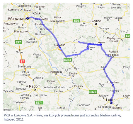PKS w Łukowie S.A. - linie, na których prowadzona jest sprzedaż biletów online, listopad 2011