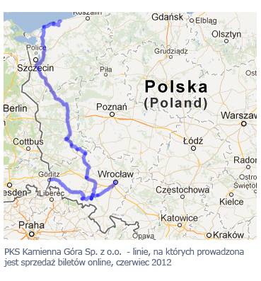 PKS Kamienna Góra Sp. z o.o. - linie, na kórych prowadzona jest sprzedaż biletów online, czerwiec 2012.