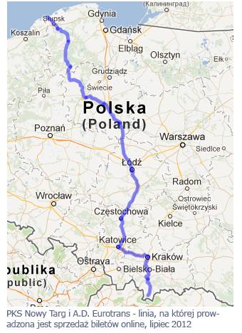 PKS Nowy Targ i A.D. Eurotrans - linia, na kórej prowadzona jest sprzedaż biletów online, lipiec 2012.